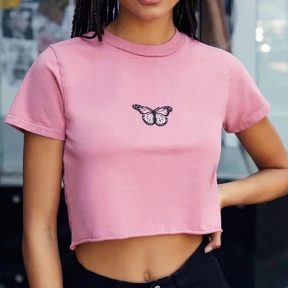 Brandy Melville Pink Helen Butterfly Top w/ Embroidered Butterfly One Size
